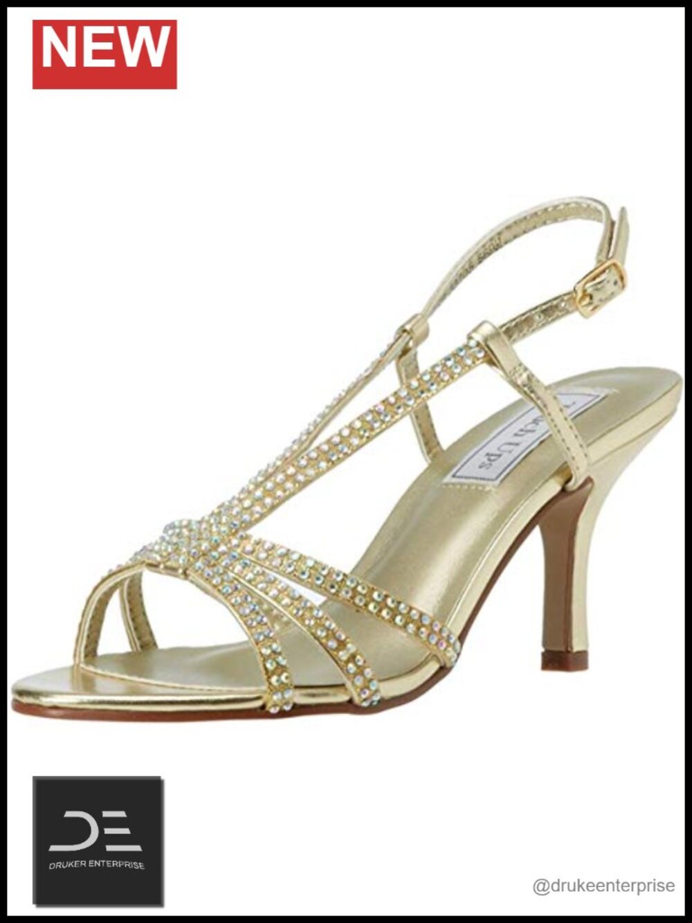 Faux Leather Slingback Heeled Sandals with Rhinestones, Open Toe, Stiletto